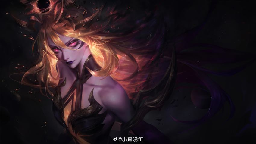absurdres, alternate_costume, artist_name, bare_shoulders, blonde_hair, collared_dress, dark_cosmic_lux, dress, flute_(artist), glowing, glowing_eyes, glowing_hair, headpiece, highres, huge_filesize, league_of_legends, lipstick, long_hair, looking_at_viewer, looking_to_the_side, lux_(league_of_legends), makeup, purple_lips, red_eyes, standing