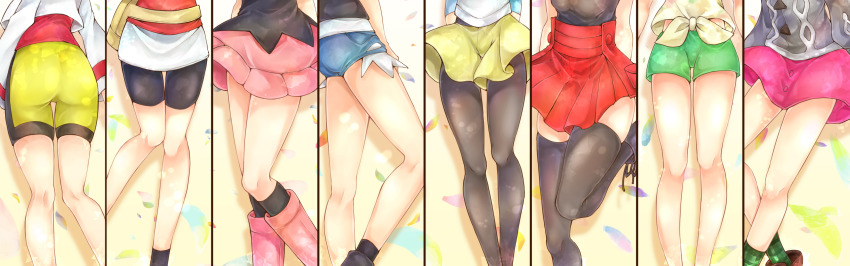 6+girls, absurdres, ass, bike_shorts, black_leggings, black_shirt, boots, brown_footwear, cardigan, commentary_request, dawn_(pokemon), denim, denim_shorts, dress, gloria_(pokemon), green_legwear, green_shorts, grey_cardigan, head_out_of_frame, highres, hilda_(pokemon), kris_(pokemon), leggings, legs, lower_body, may_(pokemon), multiple_girls, nintendo, pantyhose, pink_boots, pink_dress, pink_skirt, pokemon, pokemon_black_and_white, pokemon_black_2_and_white_2, pokemon_diamond/pearl/platinum, pokemon_gold/silver/crystal, pokemon_ruby/sapphire/emerald, pokemon_sun_and_moon, pokemon_sword_and_shield, pokemon_x_and_y, red_skirt, rosa_(pokemon), selene_(pokemon), serena_(pokemon), shirt, shoes, short_shorts, shorts, skirt, socks, thighs, tied_shirt, yellow_shorts, yomogi_(black-elf)