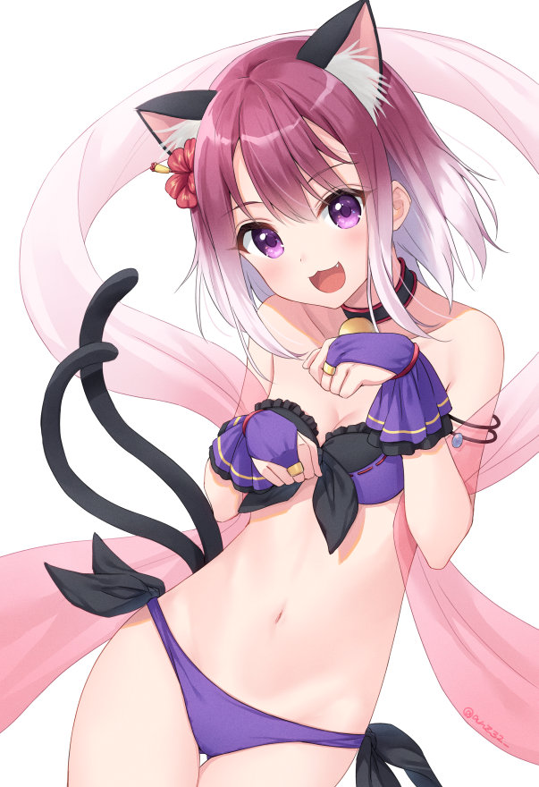 1girl, :3, :d, animal_ear_fluff, animal_ears, bare_shoulders, bikini, blush