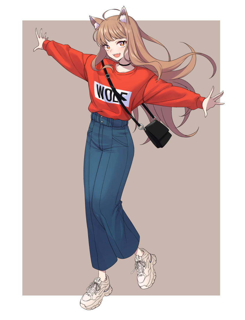 1girl, animal_ear_fluff, animal_ears, bag, balenciaga, balenciaga_triple_s, beige_background, black_choker