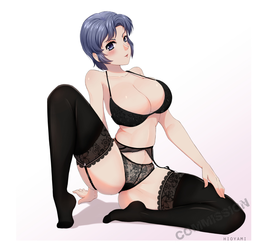 1girl, absurdres, aged_up, artist_name, black_bra, blue_eyes, blue_hair, bra, breasts, cleavage, collarbone, commission, fairey_hierfly, full_body, hand_on_own_leg, highres, hioyami, lace, lace-trimmed_legwear, lace_trim, large_breasts, looking_at_viewer, mature_female, navel, panties, short_hair, super_robot_wars, super_robot_wars_gc, super_robot_wars_og_moon_dwellers, super_robot_wars_original_generation, thighhighs, underwear, watermark, white_background