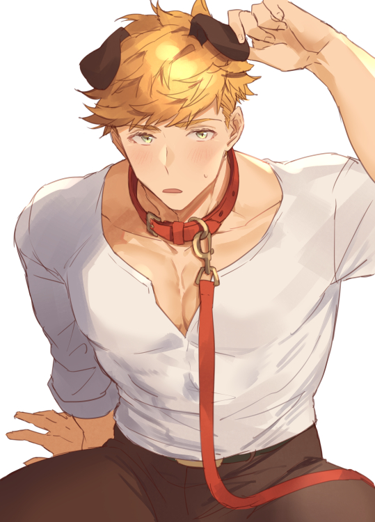 1boy, animal_collar, animal_ears, bara, blonde_hair, blush, brown_pants, collar