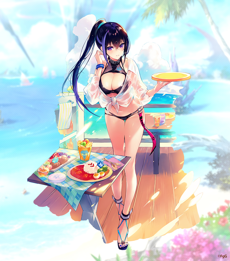 1girl, beach, bikini, black_bikini, blue_hair, boat, breasts, cleavage