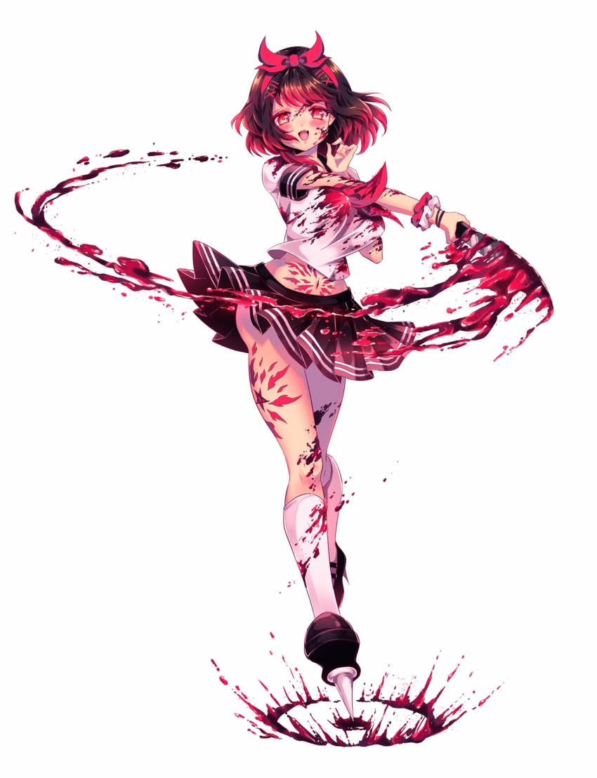 1girl, :d, black_skirt, blood, blood_splatter, bob_cut, bouncing_breasts, breasts