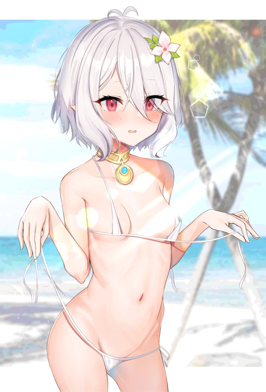 1girl, absurdres, amrita_(amber78gou), antenna_hair, bare_shoulders, beach, bikini, blush