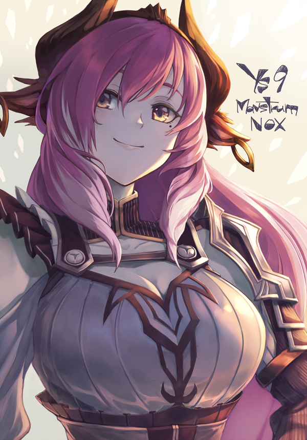 1girl, animal_ears, armor, breasts, cleavage, closed_mouth, copyright_name, cow_ears
