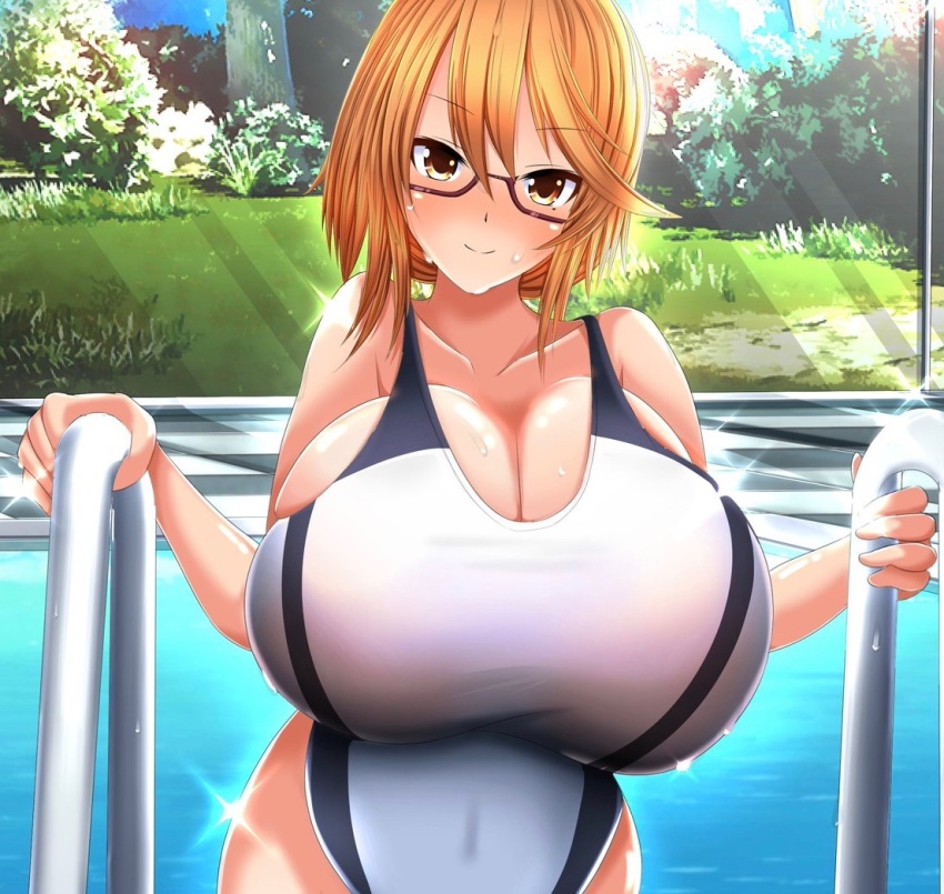 1girl, bad_id, bad_twitter_id, blue_sky, blush, breasts, bush, checkered_floor, cleavage, female_focus, gigantic_breasts, huge_breasts, looking_at_viewer, mameneko_(pai), nature, one-piece_swimsuit, orange_hair, original, red-framed_eyewear, semi-rimless_eyewear, shiny_skin, short_hair, sidelocks, sky, smile, solo, swimsuit, tree, under-rim_eyewear, white_one-piece_swimsuit, window, yellow_eyes
