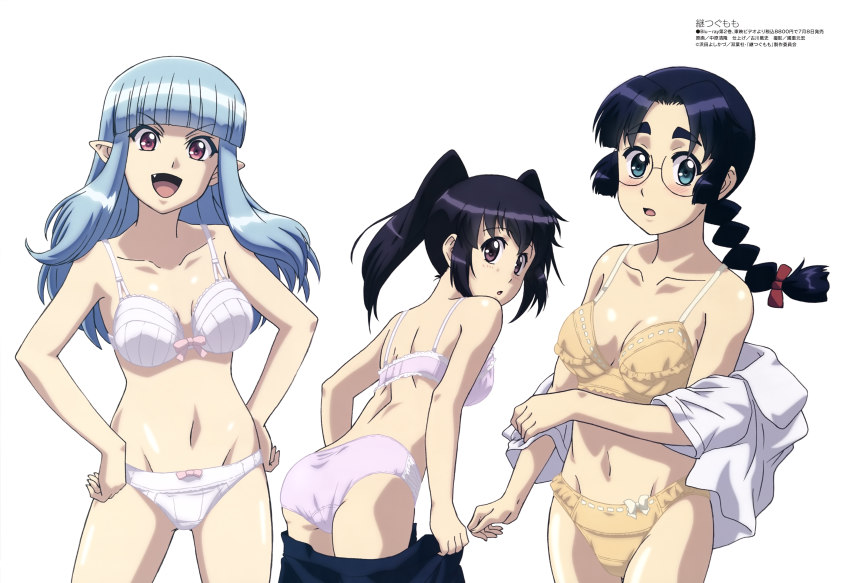 3girls, absurdres, ass, blouse, blush, bra, braid, chikaishi_chisato, glasses, hands_on_own_hips, highres, kiriha_(tsugumomo), multiple_girls, nanakai_nanako, open_clothes, open_shirt, panties, pointy_ears, shirt, simple_background, tsugumomo, underwear, underwear_only, undressing, white_background