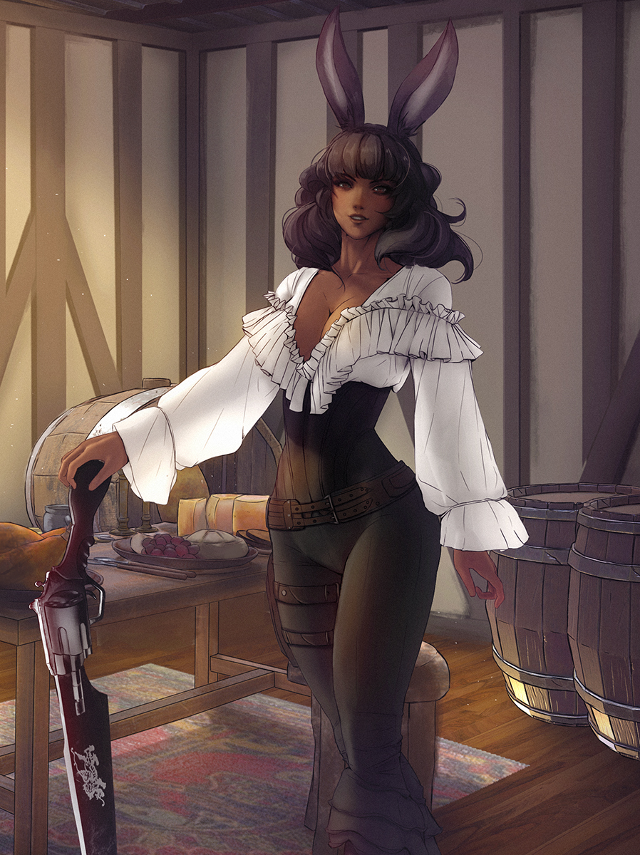 1girl, animal_ears, belt, black_hair, blunt_bangs, borrowed_character, breasts, brown_eyes, cleavage, commentary, commission, dark-skinned_female, dark_skin, english_commentary, female_focus, fictional_persona, final_fantasy, final_fantasy_xiv, gunblade, highres, indoors, large_breasts, looking_at_viewer, medium_hair, parted_lips, pinstripe_pattern, planted, planted_sword, planted_weapon, plunging_neckline, pouch, rabbit_ears, shirt, skin_tight, smile, solo, standing, striped, sword, tavern, thigh_pouch, thigh_strap, viera, vincent_andrada, warrior_of_light_(ff14), weapon, white_shirt