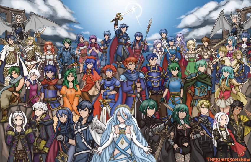6+boys, 6+girls, absurdres, alfonse_(fire_emblem), alm_(fire_emblem), aoi_itsuki, armor, azura_(fire_emblem), blue_hair, blue_sky, caeda_(fire_emblem), cape, celica_(fire_emblem), chrom_(fire_emblem), claude_von_riegan, commentary, female_corrin_(fire_emblem), male_corrin_(fire_emblem), deirdre_(fire_emblem), dimitri_alexandre_blaiddyd, dress, edelgard_von_hresvelg, eirika_(fire_emblem), elincia_ridell_crimea, eliwood_(fire_emblem), ephraim_(fire_emblem), everyone, female_byleth_(fire_emblem), female_robin_(fire_emblem), fire_emblem, fire_emblem:_genealogy_of_the_holy_war, fire_emblem:_mystery_of_the_emblem, fire_emblem:_new_mystery_of_the_emblem, fire_emblem:_path_of_radiance, fire_emblem:_radiant_dawn, fire_emblem:_the_binding_blade, fire_emblem:_the_blazing_blade, fire_emblem:_the_sacred_stones, fire_emblem:_thracia_776, fire_emblem:_three_houses, fire_emblem_awakening, fire_emblem_echoes:_shadows_of_valentia, fire_emblem_fates, fire_emblem_heroes, fire_emblem_warriors, hector_(fire_emblem), highres, ike_(fire_emblem), julia_(fire_emblem), katarina_(fire_emblem), kimerson, kris_(fire_emblem), leif_(fire_emblem), lens_flare, lianna_(fire_emblem), lilina_(fire_emblem), looking_at_viewer, lucina_(fire_emblem), lyn_(fire_emblem), male_byleth_(fire_emblem), male_robin_(fire_emblem), marth_(fire_emblem), micaiah_(fire_emblem), multiple_boys, multiple_girls, nanna_(fire_emblem), nintendo, oribe_tsubasa, polearm, purple_hair, rowan_(fire_emblem), roy_(fire_emblem), scale_armor, scarf, seliph_(fire_emblem), sharena_(fire_emblem), sigurd_(fire_emblem), silver_hair, sky, sothe_(fire_emblem), spear, sword, tokyo_mirage_sessions_fe, weapon, zion_(fire_emblem)