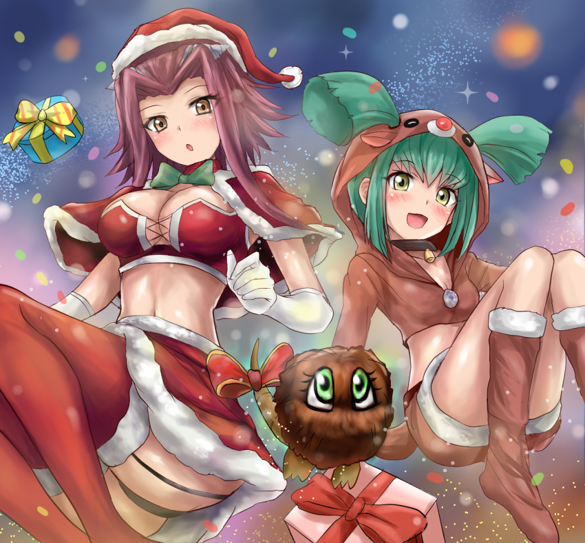 2girls, :d, animal_costume, animal_ears, animal_hood, black_panties, blurry, blurry_background