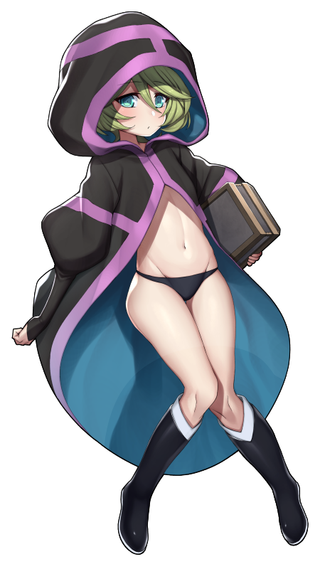1girl, aqua_eyes, bikini, bikini_bottom_only, black_bikini, black_boots, black_coat, black_panties, blonde_hair, boots, coat, elfnein, female_focus, full_body, groin, hair_between_eyes, holding, hood, hood_up, hooded_coat, knee_boots, kuno_misaki, navel, panties, senki_zesshou_symphogear, short_hair, simple_background, solo, swimsuit, tsukamoto_kensuke, underwear, voice_actor_connection, white_background