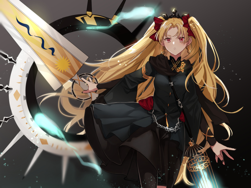 1girl, black_dress, black_nails, blonde_hair, cage, dress, earrings, ereshkigal_(fate)