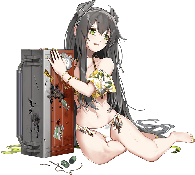 1girl, barefoot, bikini, black_hair, collarbone, female_focus, full_body, green_eyes