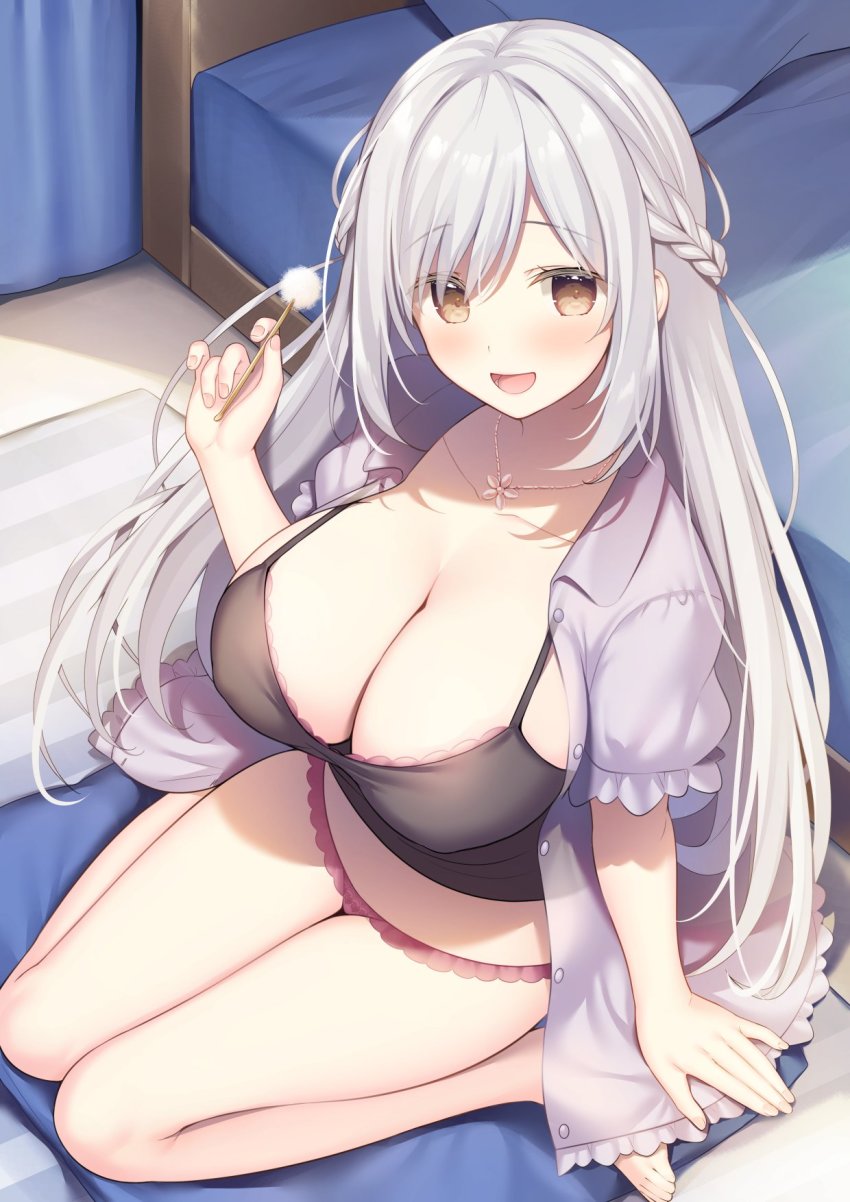 1girl, :d, amakusa_tomoe, arm_at_side, bare_legs, barefoot, bed, bed_sheet