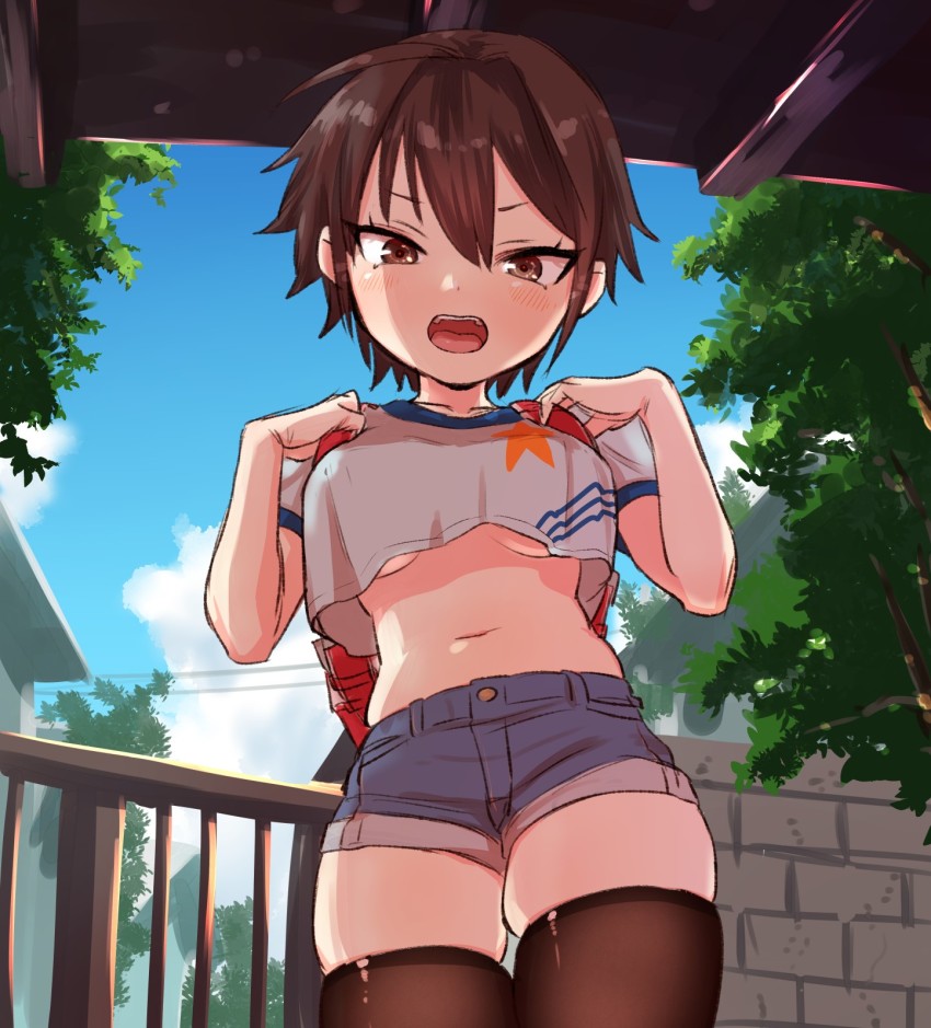 1girl, backpack, bag, black_thighhighs, blush, breasts, brown_eyes, brown_hair, crop_top, crop_top_overhang, ebisujima_misato, female_focus, highres, large_breasts, looking_at_viewer, navel, oppai_loli, original, randoseru, short_hair, shorts, skindentation, solo, takahashi_chiaki_(ebisujima_misato), teeth, thighhighs, thighs, tomboy, tongue, underboob