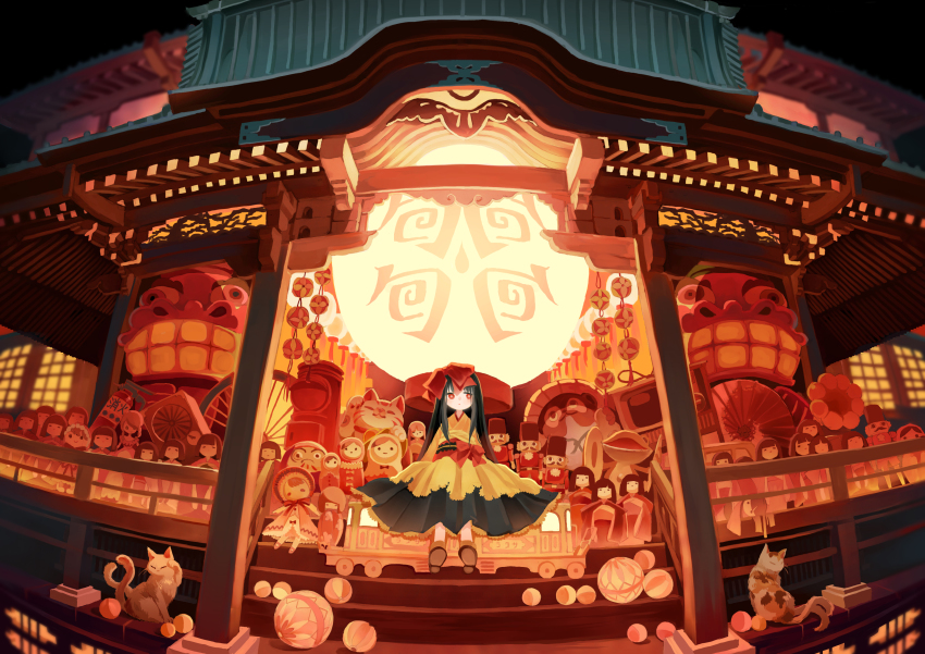 1girl, absurdres, animal, architecture, ball, black_hair, bow, brown_shoes