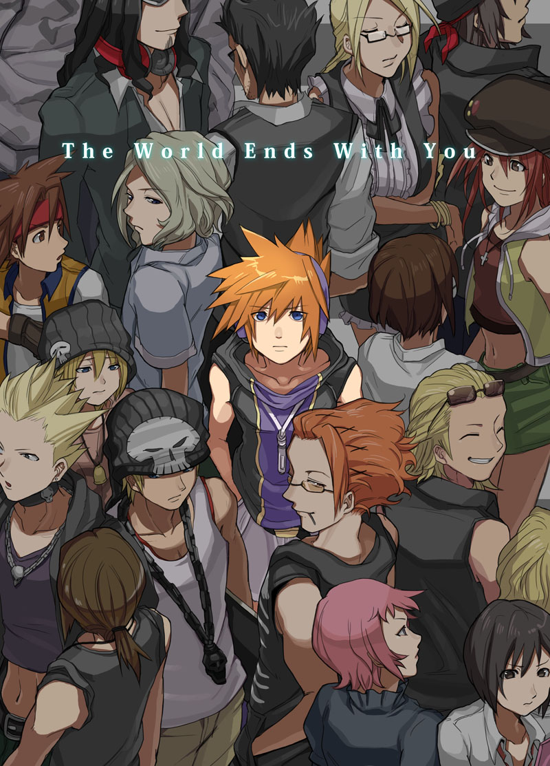 6+boys, 6+girls, 777_(subarashiki_kono_sekai), ai_(twewy), bandana, beanie, bell, bito_daisukenojo, bito_raimu, blue_eyes, newsboy_cap, chain, choker, dan_shuto_(twewy), eri_(twewy), futoshi_(subarashiki_kono_sekai), glasses, hanekoma_sanae, hat, headphones, kariya_koki, kiryu_yoshiya, kitaniji_megumi, konishi_mitsuki, male_focus, midriff, mina_(twewy), minamimoto_sho, misaki_shiki, multiple_boys, multiple_girls, nao_(twewy), orange_hair, pink_hair, red_hair, sakuraba_neku, short_shorts, shorts, silver_hair, sota_(twewy), subarashiki_kono_sekai, sunglasses, yashiro_uzuki