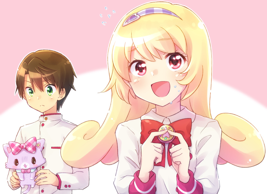 1boy, 1girl, :3, absurdres, blonde_hair, brown_hair, curly_hair, fingers_together