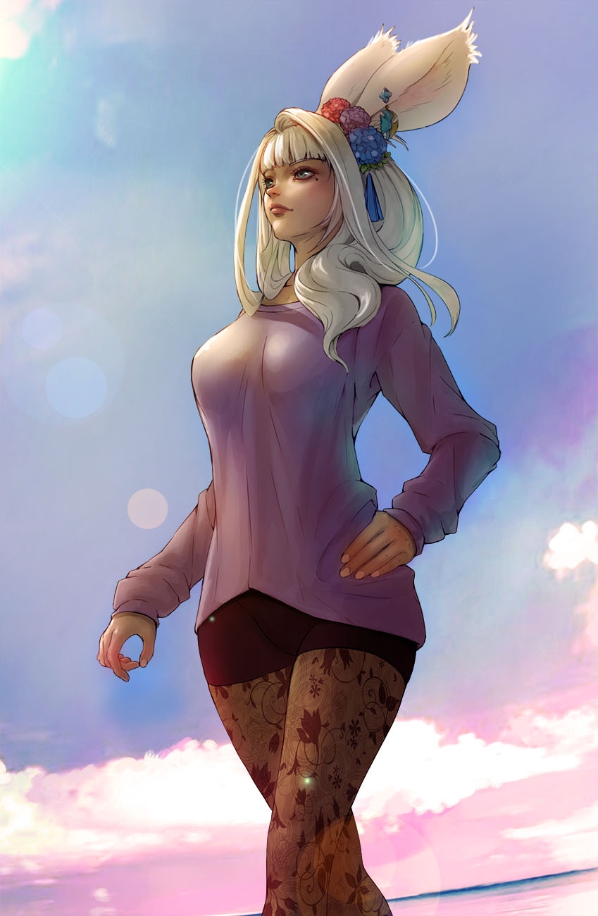 1girl, animal_ears, bike_shorts, blue_eyes, breasts, casual, commission, dark-skinned_female