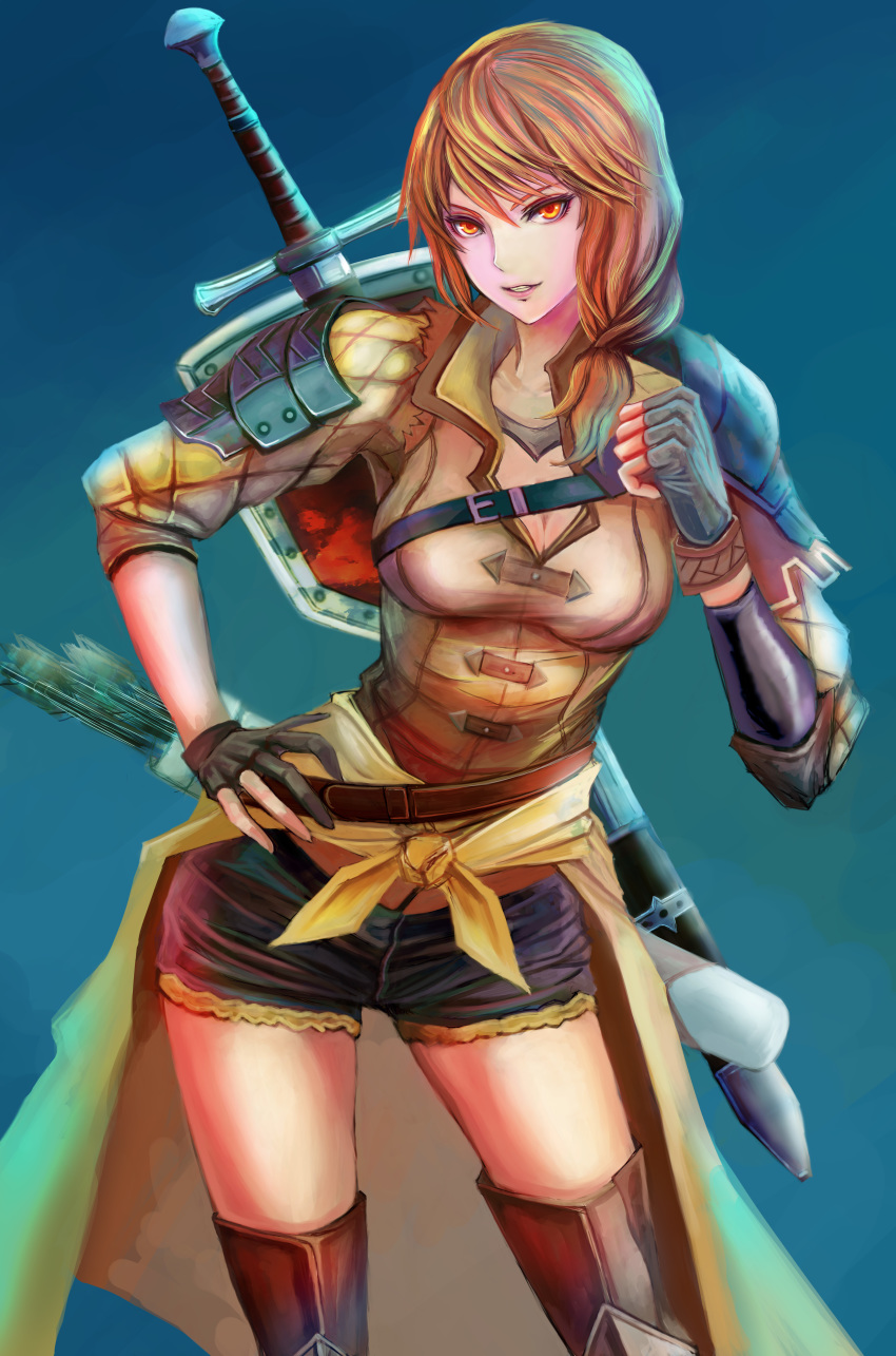 1girl, absurdres, aged_up, armor, arrow_(projectile), blue_background, breasts, cleavage