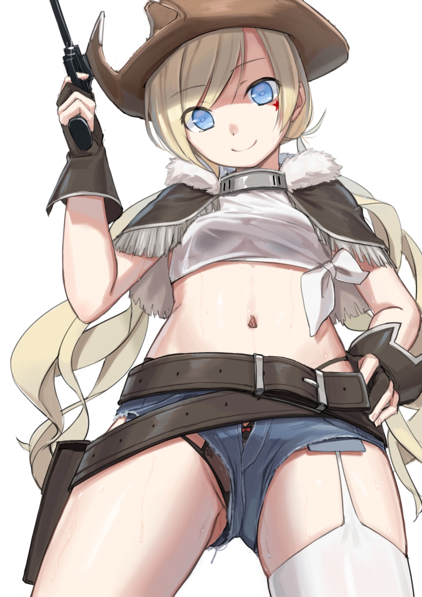 1girl, absurdres, belt, belt_skirt, black_panties, blonde_hair, blue_eyes, blue_shorts