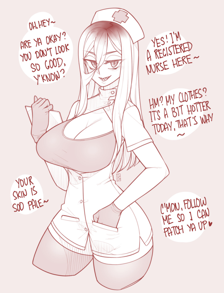 1girl, breasts, cleavage, clipboard, cowboy_shot, cropped_legs, dress, ekz_(robotekz), english_text, female_focus, gloves, hand_in_pocket, hat, highres, huge_breasts, long_hair, looking_at_viewer, microdress, monochrome, ms._ddd, nurse, nurse_cap, original, red_theme, revealing_clothes, sharp_teeth, shrug_(clothing), solo, speech_bubble, sports_bra, standing, teeth, thighhighs