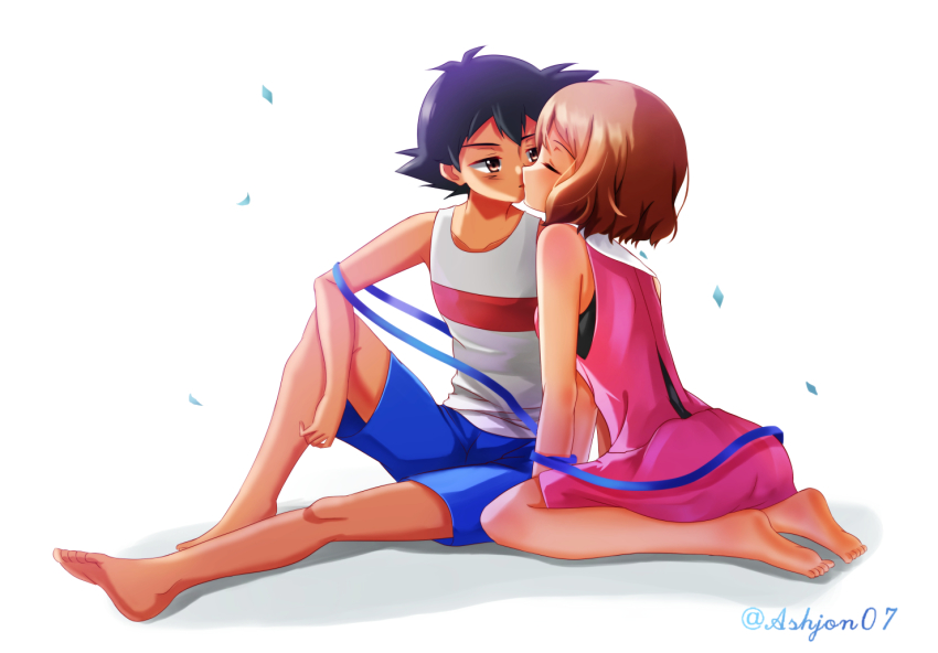 1boy, 1girl, ash_ketchum, ashujou, barefoot, black_hair, blue_shorts, brown_eyes