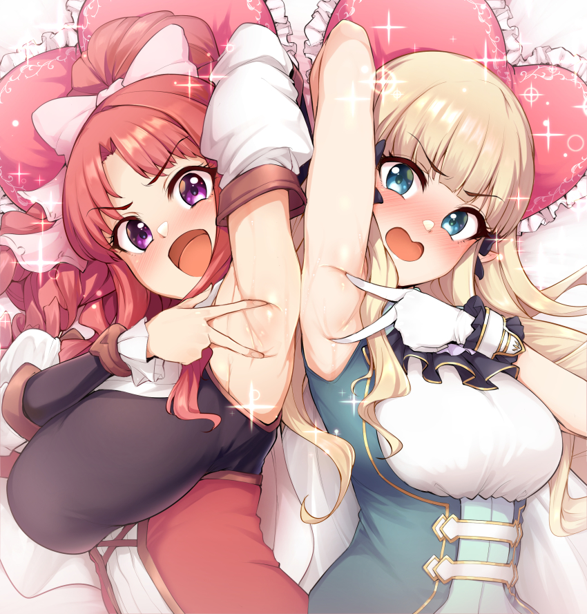 2girls, absurdres, akino_(princess_connect!), arm_up, armpits, black_bow, blonde_hair, blue_eyes, blunt_bangs, blush, bow, breasts, dress, elf, green_dress, hair_bow, highres, large_breasts, long_hair, looking_at_viewer, multiple_girls, open_mouth, pointy_ears, ponytail, presenting_armpit, princess_connect!, purple_eyes, red_dress, red_hair, saren_(princess_connect!), sian, sidelocks, smile, sparkle, spread_armpit, upper_body