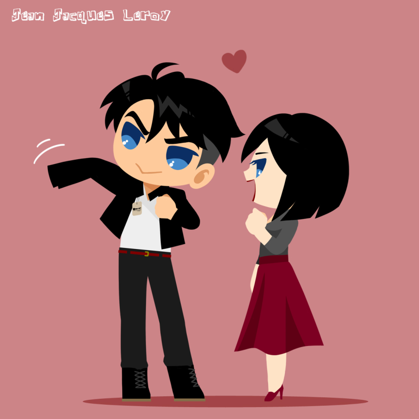 1boy, 1girl, :>, belt, black_hair, blue_eyes, character_name, dressing