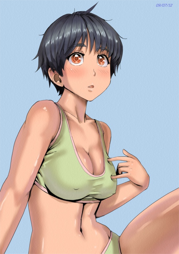 1girl, arm_support, ayumu_(zenkou), black_hair, blue_background, blush, breasts, cleavage, covered_erect_nipples, dated, fang, female_focus, large_breasts, looking_afar, messy_hair, orange_eyes, original, parted_lips, poking, poking_own_breast, shiny_skin, short_hair, simple_background, sitting, solo, sports_bra, zenkou