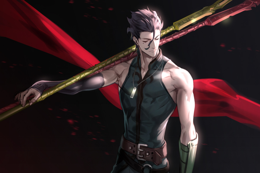 1boy, bare_shoulders, belt, black_hair, blood, blood_splatter, closed_eyes, cloth
