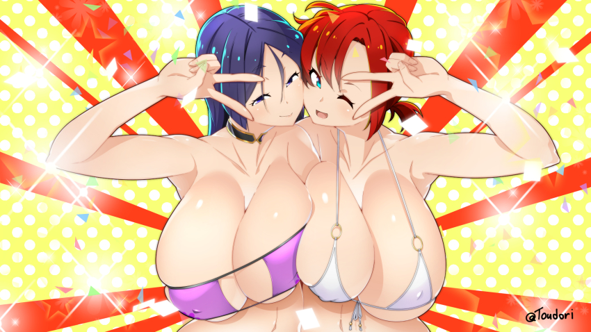2girls, aqua_eyes, bare_shoulders, bikini, blush, boudica_(fate), breasts, cleavage, closed_mouth, collarbone, confetti, emotional_engine_-_full_drive, eyepatch_bikini, fate/grand_order, fate_(series), highres, huge_breasts, large_breasts, long_hair, looking_at_viewer, minamoto_no_raikou_(fate), minamoto_no_raikou_(fate/grand_order), minamoto_no_raikou_(swimsuit_lancer)_(fate), multiple_girls, one_eye_closed, open_mouth, parted_bangs, ponytail, purple_bikini, purple_eyes, purple_hair, red_hair, short_ponytail, smile, sunburst, sunburst_background, swimsuit, toudori, very_long_hair, white_bikini