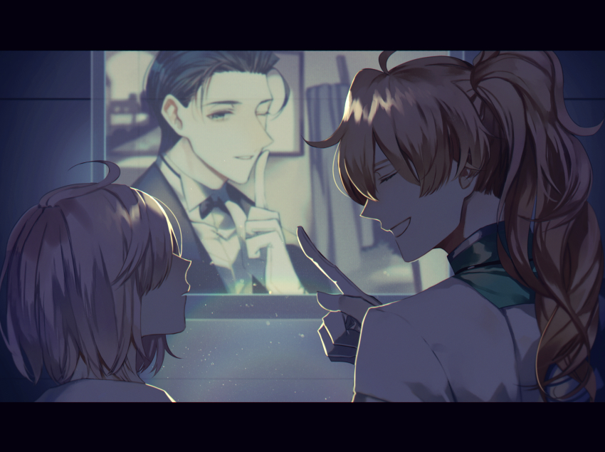 1girl, 2boys, absurdres, ahoge, albino_(a1b1n0623), bad_id, bad_pixiv_id, black_border