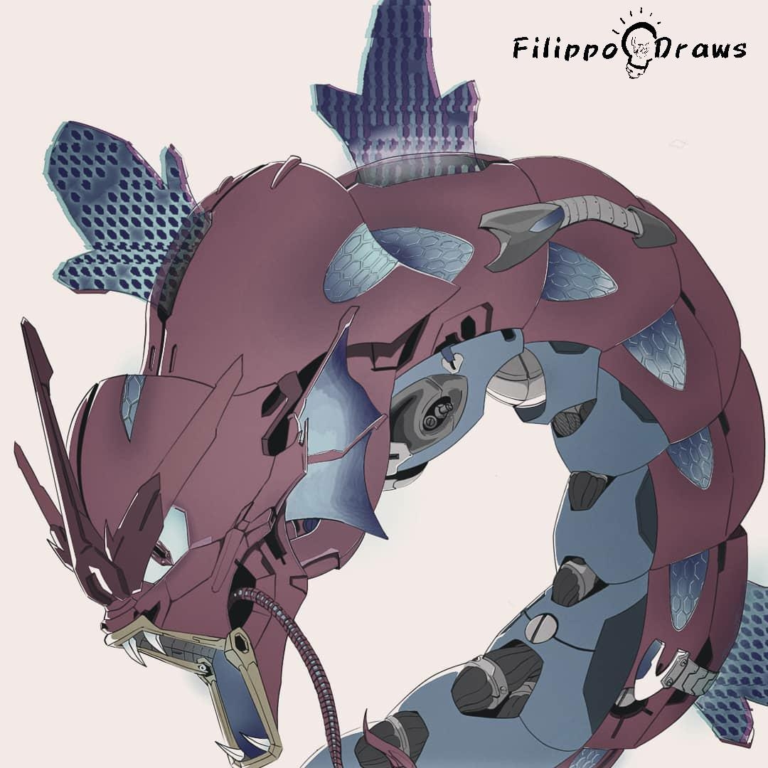 alternate_color, commentary, english_commentary, fangs, filippodraws, fins, gen_1_pokemon, gyarados, mecha, mechanization, nintendo, no_humans, open_mouth, pokemon, pokemon_(creature), robot, shiny_pokemon, simple_background, white_background