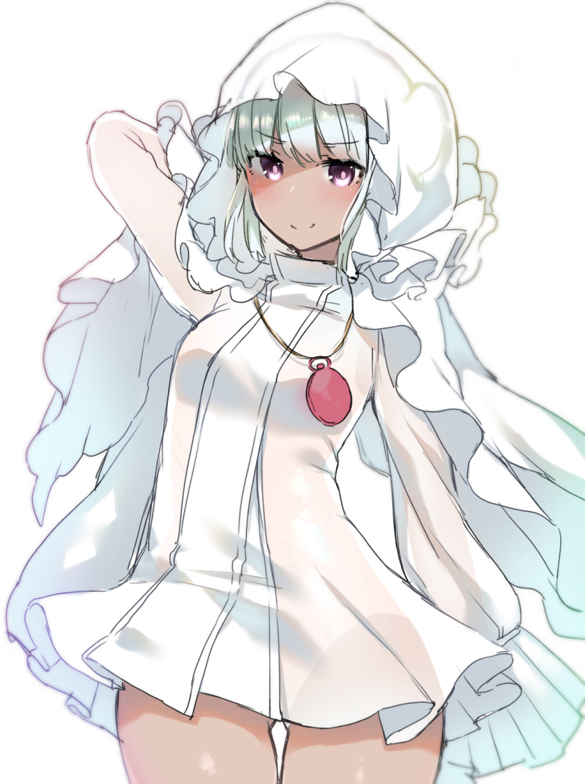 1girl, anoshabu, arm_behind_head, closed_mouth, coat, cowboy_shot, dark-skinned_female, dark_skin, female_focus, highres, long_sleeves, looking_at_viewer, pocket_watch, purple_eyes, raincoat, salome_(toaru_majutsu_no_index), see-through_clothes, see-through_raincoat, silver_hair, simple_background, sleeves_past_wrists, smile, solo, thighs, toaru_majutsu_no_index, toaru_majutsu_no_index:_new_testament, watch, white_background