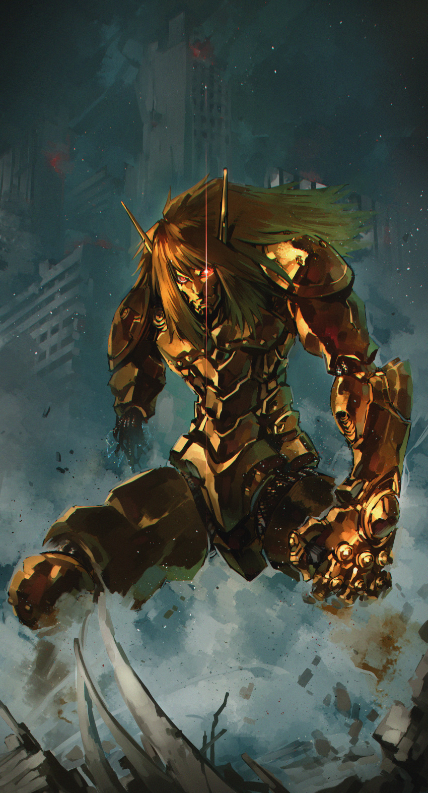 1boy, absurdres, armor, blonde_hair, building, burning, closed_mouth, debris