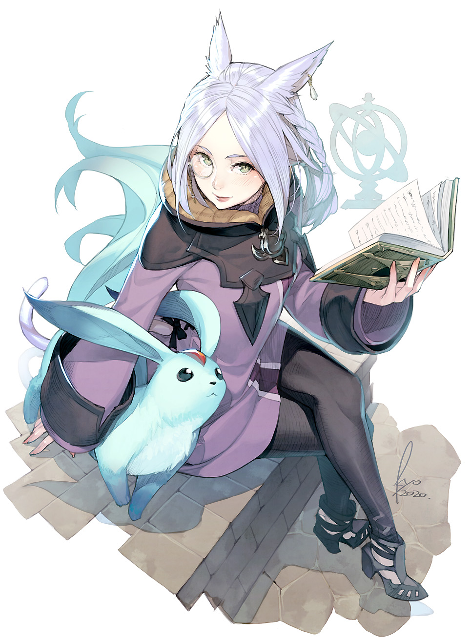 1girl, animal_ears, arcanist_(final_fantasy), blue_eyes, blush, book, carbuncle_(final_fantasy), cat_ears