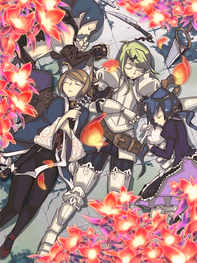 4girls, 7th_dragon, 7th_dragon_(series), animal_ears, armor, blonde_hair, blue_hair, bodysuit