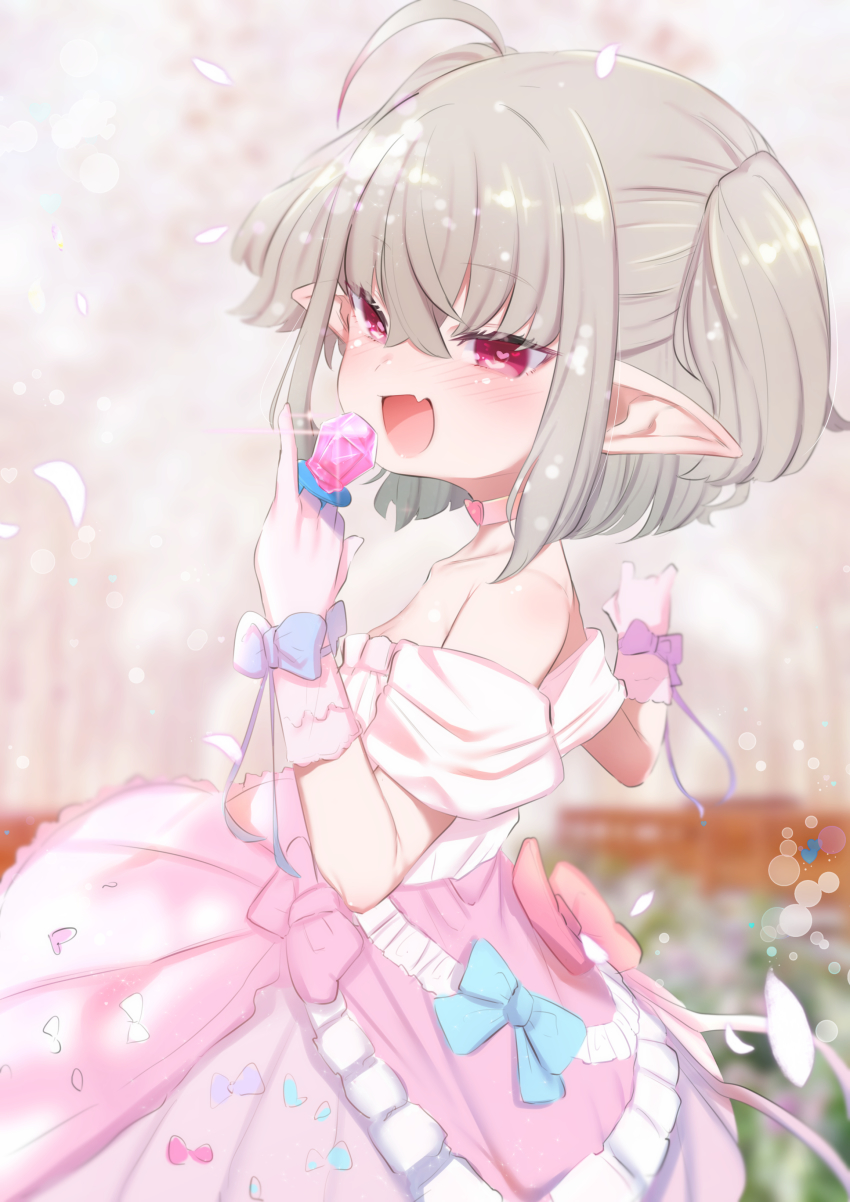 1girl, :d, absurdres, ahoge, bare_shoulders, blush, candy, collar