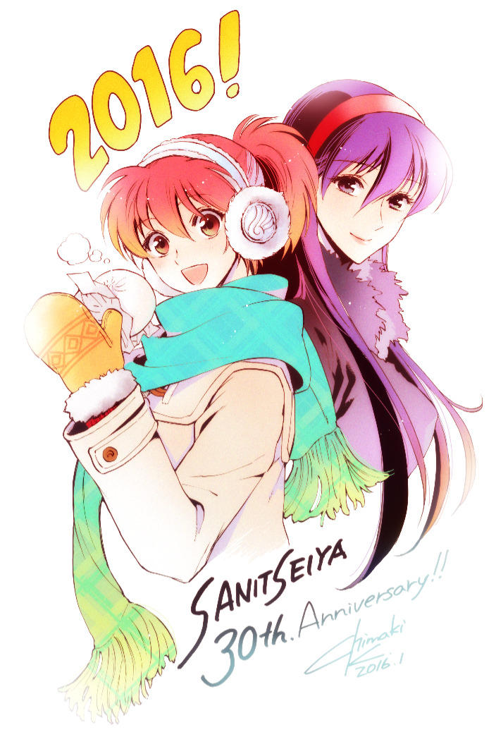 2016, 2girls, :d, anniversary, closed_mouth, coat, commentary_request, copyright_name