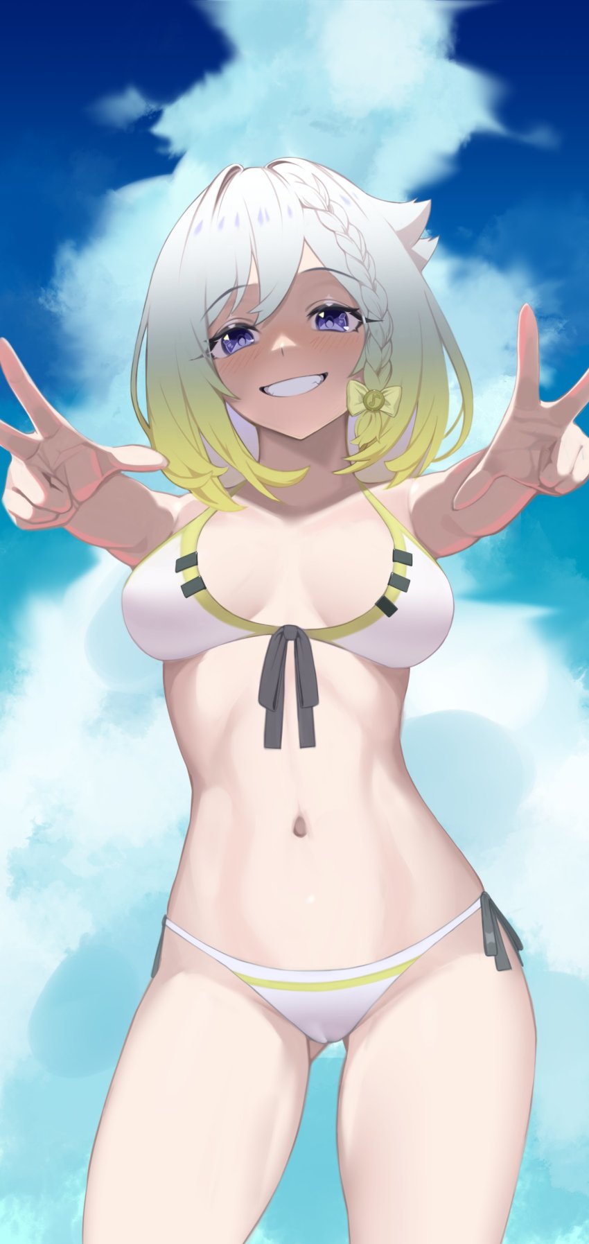 1girl, absurdres, bad_id, bad_twitter_id, bikini, blue_sky, bow, braid, breasts, cloud, double_w, female_focus, gradient_hair, green_hair, grey_hair, grin, hair_ribbon, halterneck, highres, komadera, medium_breasts, multicolored_hair, navel, purple_eyes, ribbon, side-tie_bikini_bottom, sky, smile, solo, string_bikini, swimsuit, teeth, virtual_youtuber, w, white_bikini, yuni_(yuni_channel), yuni_channel