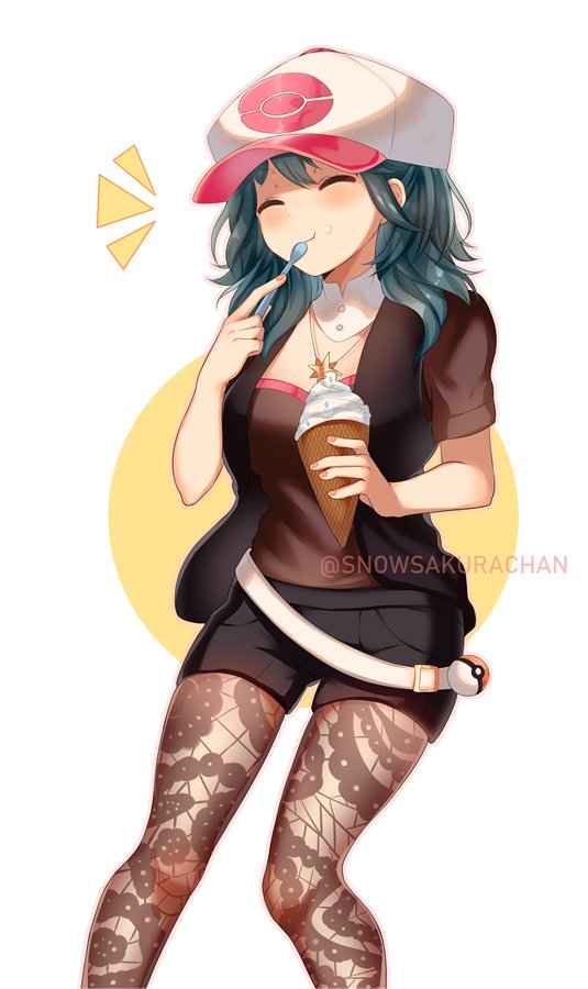 1girl, baseball_cap, black_shorts, blue_hair, brown_pantyhose, closed_eyes, closed_mouth, commission