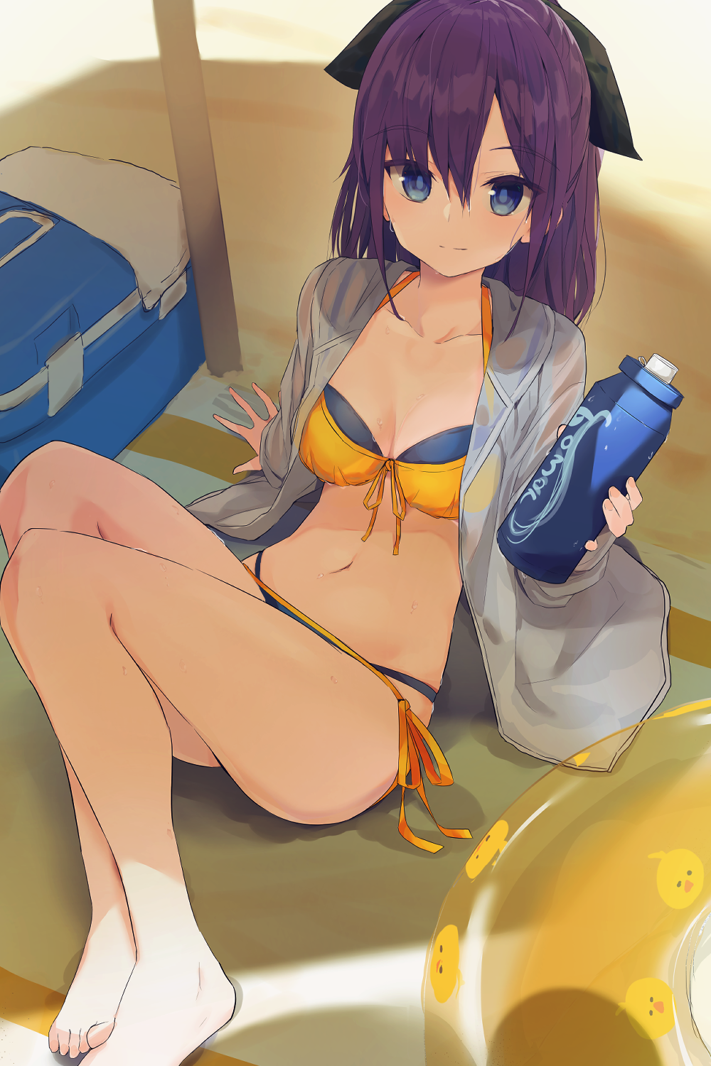 1girl, ass, barefoot, beach_mat, beach_umbrella, bikini, blue_eyes, bottle