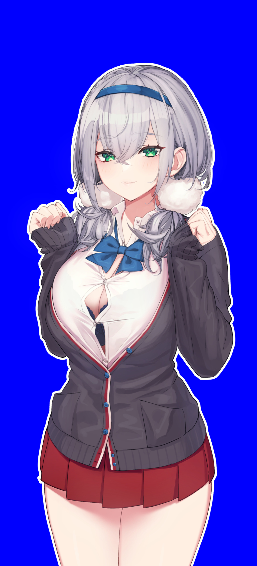 1girl, absurdres, alternate_costume, black_bra, blazer, blue_background, bra, breasts