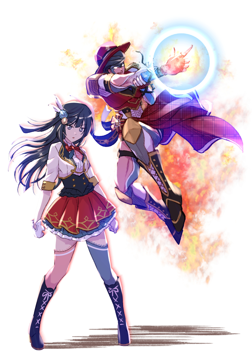 1girl, asymmetrical_legwear, black_footwear, black_hair, boots, chase_(love_live!), feather_hair_ornament, full_body