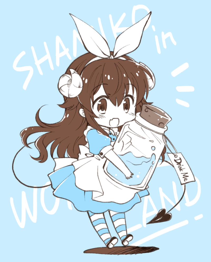 1girl, ahoge, alice_(alice_in_wonderland), alice_(alice_in_wonderland)_(cosplay), alice's_adventures_in_wonderland, apron, bow, brown_hair