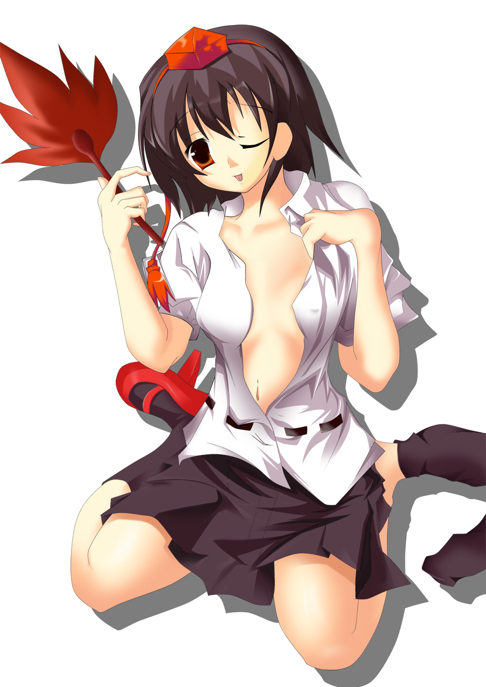 1girl, :p, bad_id, bad_pixiv_id, black_hair, female_focus, hand_fan, hat