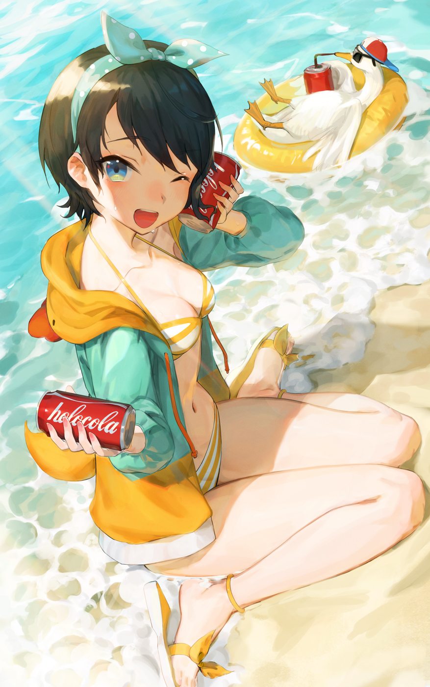 1girl, ;d, animal, aqua_eyes, bare_legs, beach, bikini, bird
