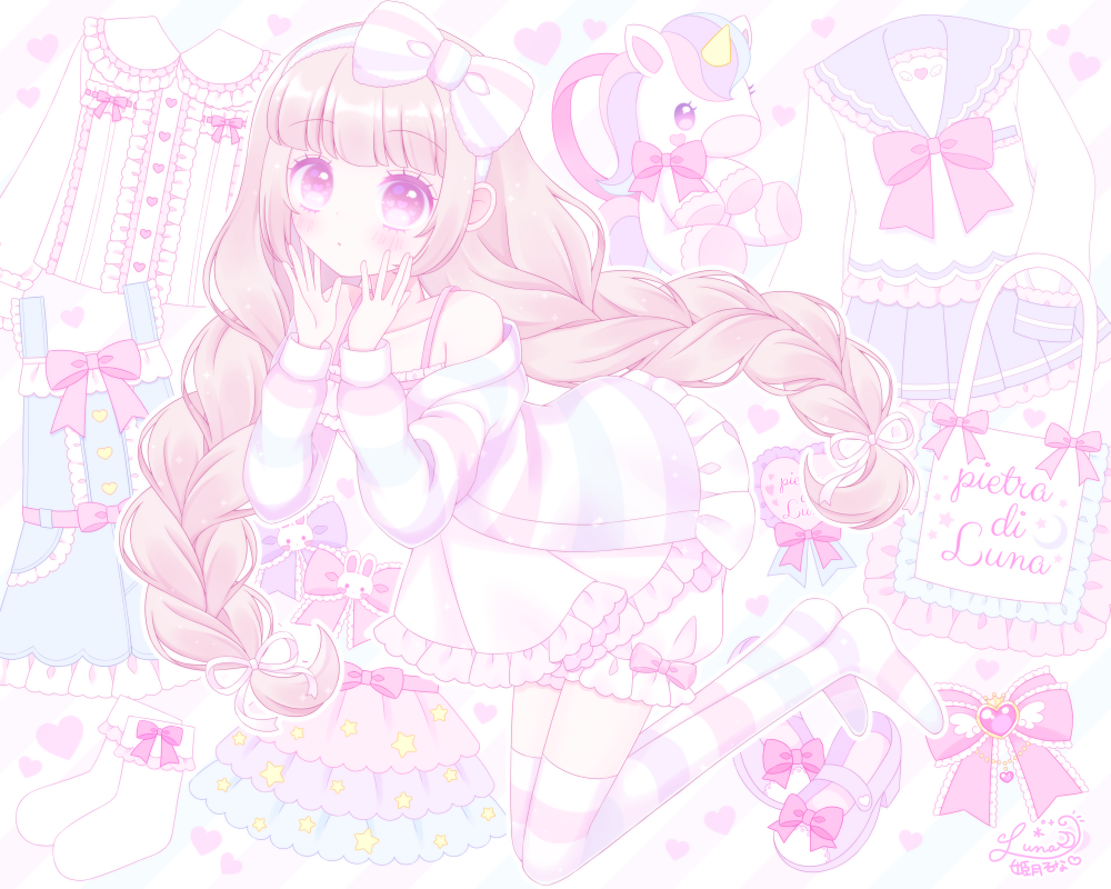 1girl, bare_shoulders, bloomers, blue_sailor_collar, blue_skirt, blush, bow, braid, closed_mouth, commentary_request, dress, female_focus, frilled_dress, frilled_jacket, frills, full_body, hair_bow, hair_ribbon, hairband, hands_up, himetsuki_luna, jacket, long_hair, long_sleeves, looking_at_viewer, loungewear, no_shoes, off_shoulder, open_clothes, open_jacket, original, outline, pleated_skirt, purple_eyes, purple_shoes, ribbon, sailor_collar, school_uniform, serafuku, shirt, shoes, signature, skirt, sleeveless, sleeveless_dress, solo, striped_bow, striped_clothes, striped_hairband, striped_jacket, striped_thighhighs, stuffed_animal, stuffed_toy, stuffed_unicorn, thighhighs, twin_braids, twintails, underwear, unworn_shoes, very_long_hair, white_bloomers, white_dress, white_outline, white_ribbon, white_shirt, yume_kawaii